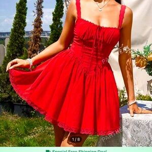 Red short milkmaid style dress from Shein.